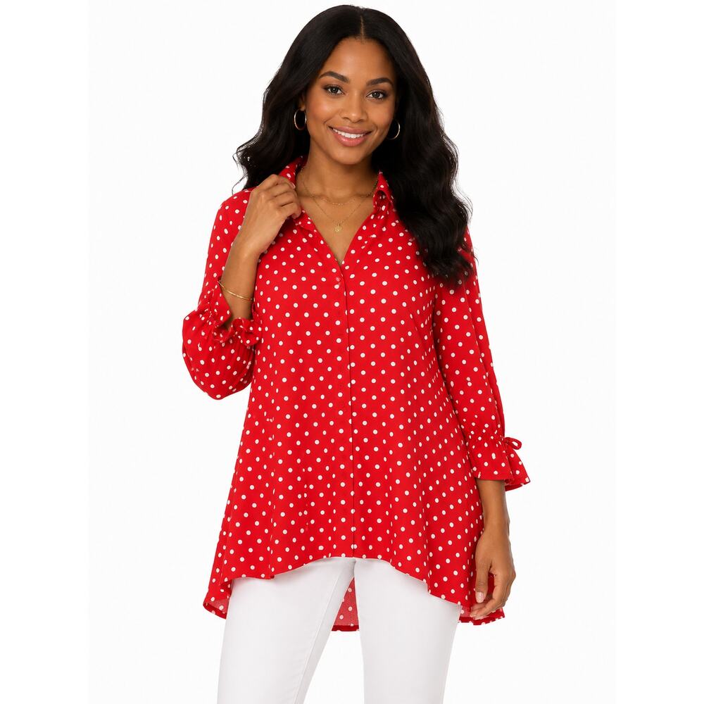 Susan Graver Women’s XLP Red White Polka Dot Tunic Blouse Button Front Top